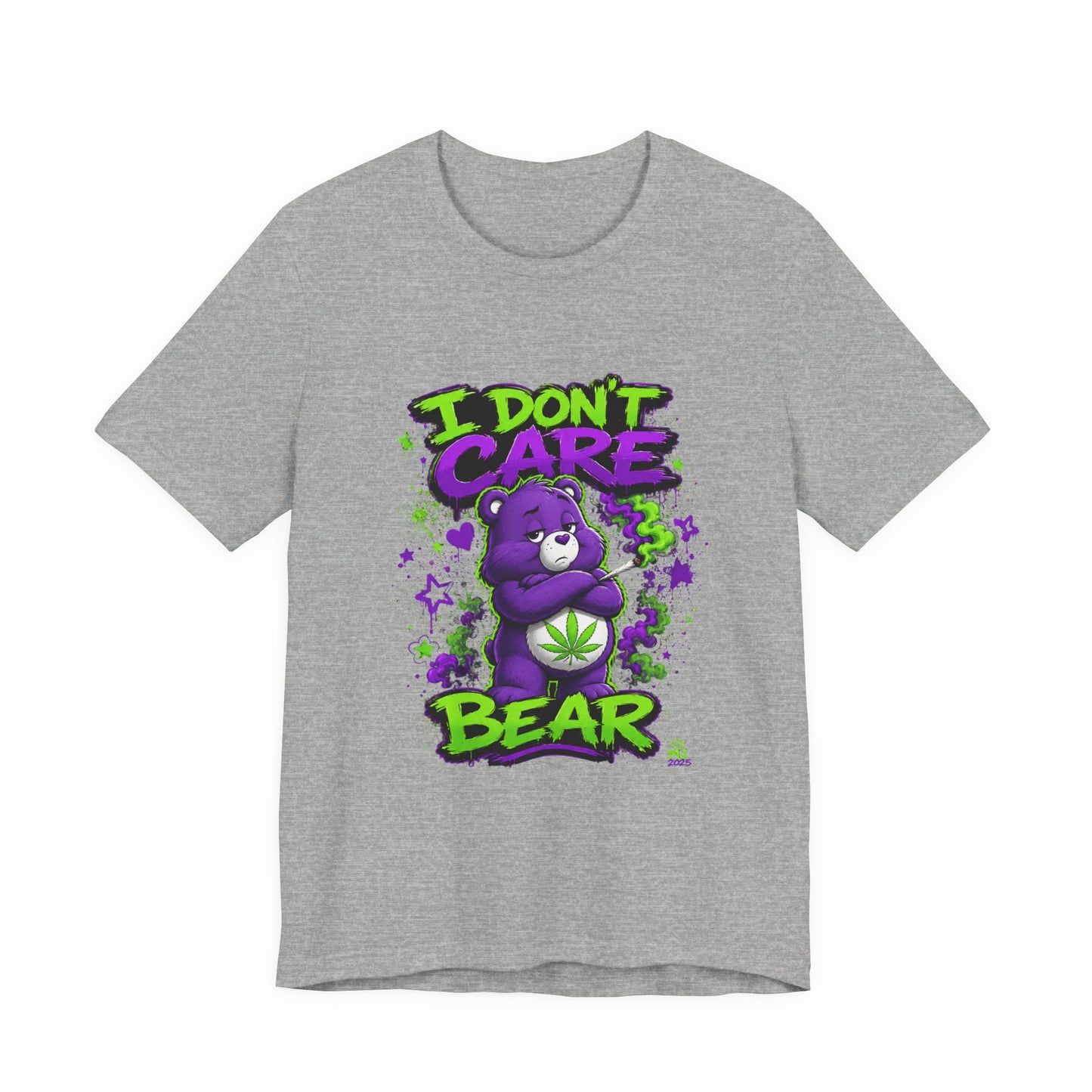I Don't Care Bear Cannabis Graphic T-Shirt | Funny 420 Streetwear Tee | Purple Neon Stoner Shirt