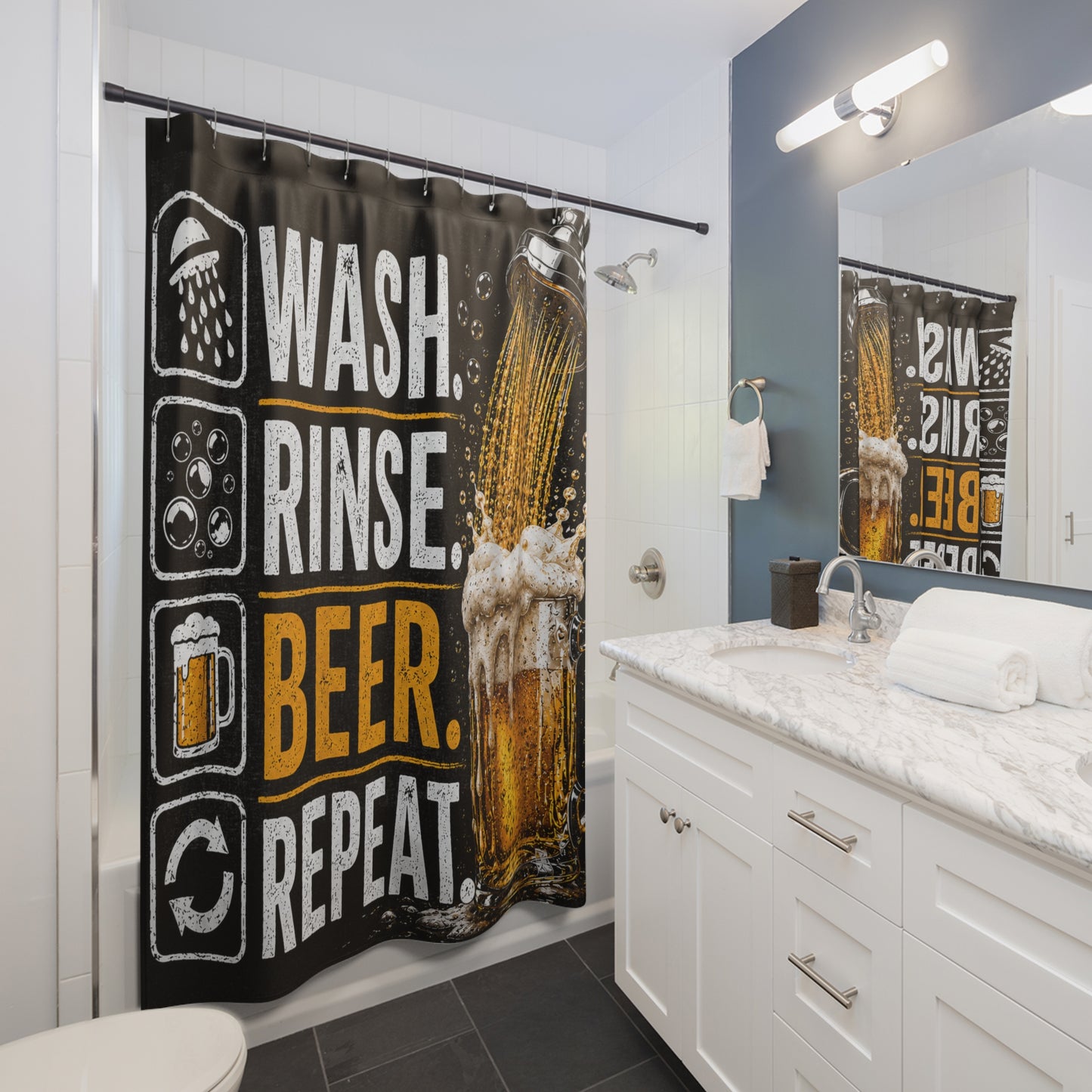 Wash Rinse Beer Repeat Shower Curtain | Funny Beer Lover Bathroom Decor | Man Cave Bath Curtain | Rustic Pub Bathroom Gift