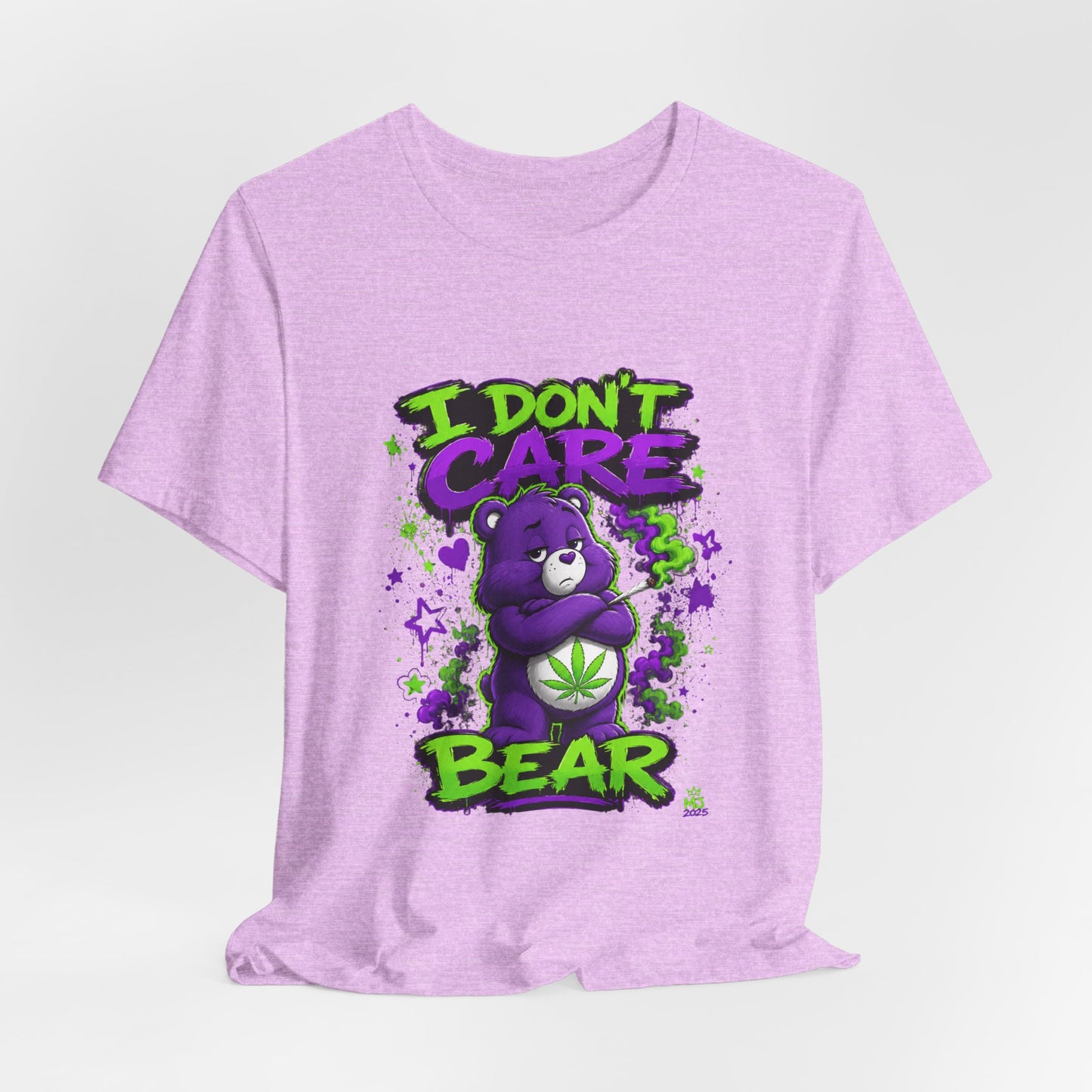 I Don't Care Bear Cannabis Graphic T-Shirt | Funny 420 Streetwear Tee | Purple Neon Stoner Shirt