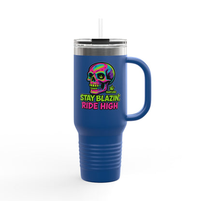 Insulated Travel Mug, Stay Blazin' Ride High Skull Design, 40oz Coffee Cup, Perfect for Cannabis Lovers, Fun Gift for Birthdays, Road Trips