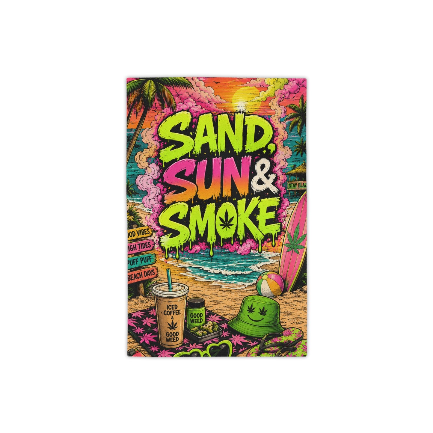 Sand Sun & Smoke Beach Towel | Neon Stoner Beach Towel | Wake N Bake Summer Towel | Mary Jane 2025