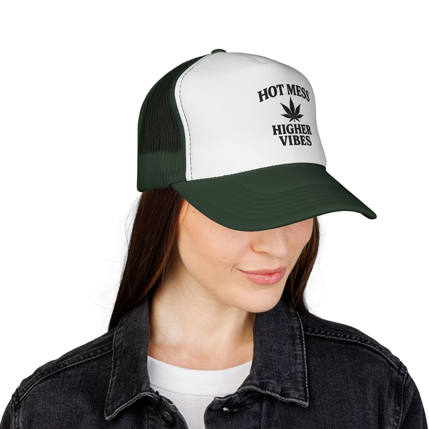 Hot Mess Higher Vibes Trucker Hat | Funny Stoner Mesh Cap | Cannabis Leaf Snapback | 420 Gift for Her & Him