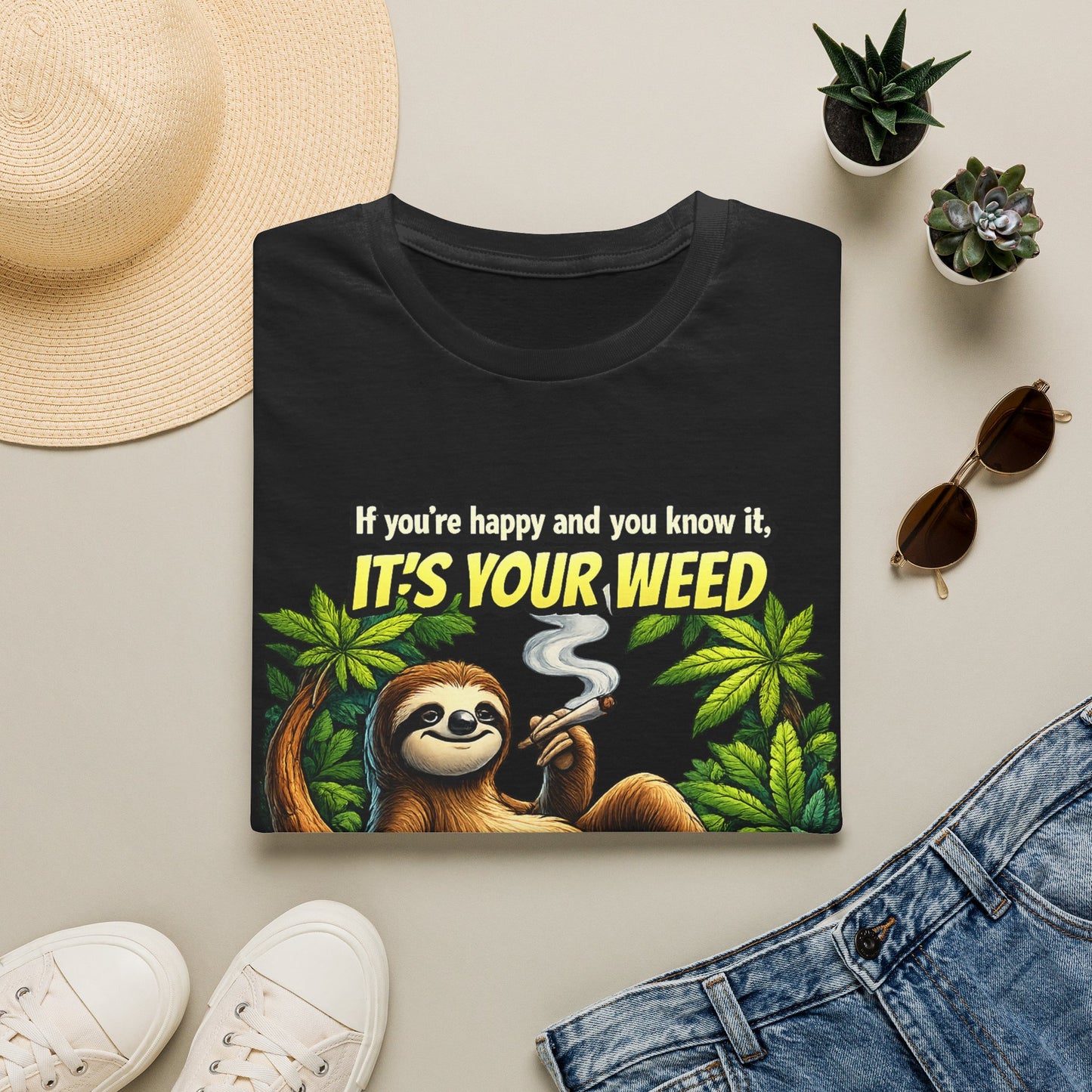 If You're Happy and You Know It It's Your Weed Sloth T-Shirt | Funny Cannabis Graphic Tee | Relaxed Stoner Shirt Gift Printify
