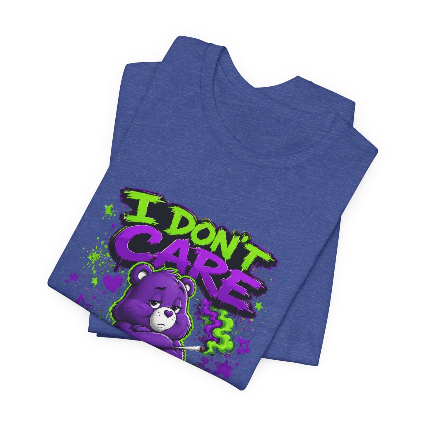 I Don't Care Bear Cannabis Graphic T-Shirt | Funny 420 Streetwear Tee | Purple Neon Stoner Shirt