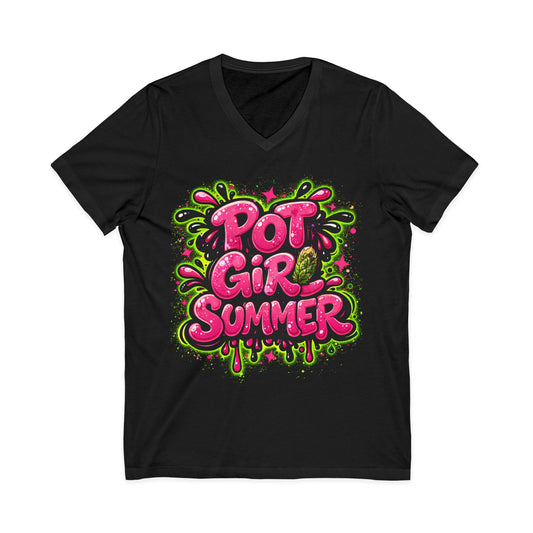 Pot Girl Summer Women's V-Neck T-Shirt | Neon Cannabis Graphic Tee | 420 Stoner Girl Summer Shirt | Festival Weed Apparel