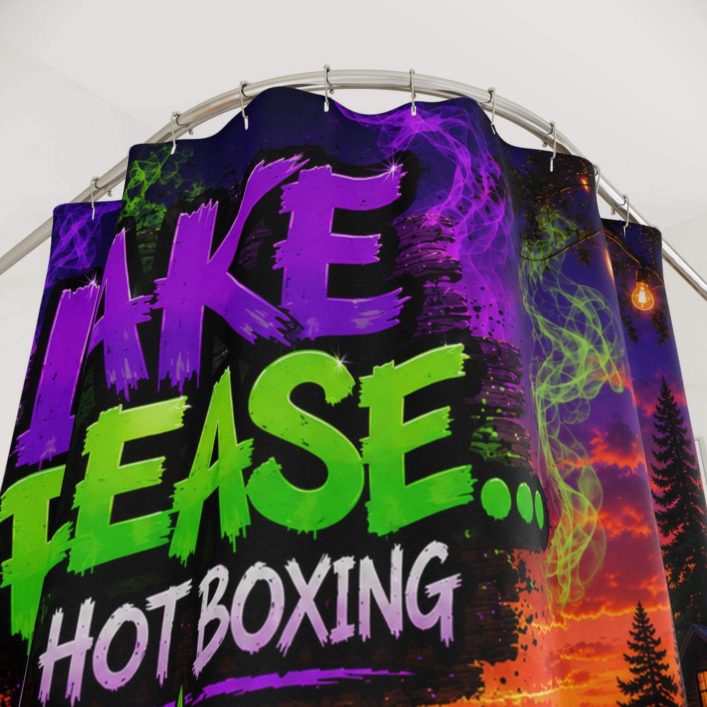 Lake Please Shower Curtain — 'Lake Please... I'm Hot Boxing' Sunset Cabin Cannabis Shower Curtain