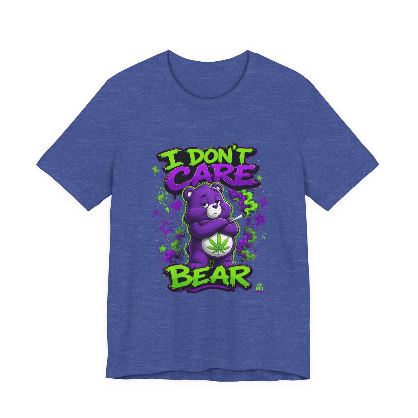 I Don't Care Bear Cannabis Graphic T-Shirt | Funny 420 Streetwear Tee | Purple Neon Stoner Shirt
