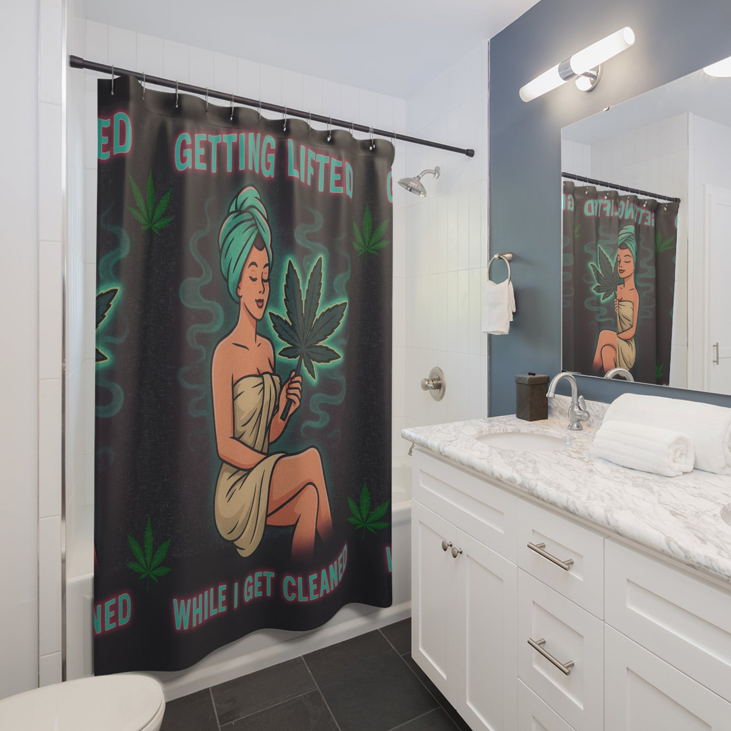 Retro Mary Jane Pin-Up Shower Curtain – “Getting Lifted While I Get Cleaned” – Cannabis Bathroom Decor