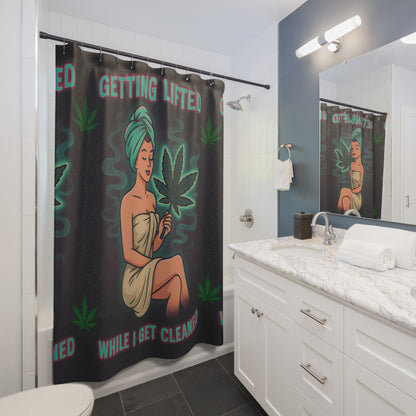 Retro Mary Jane Pin-Up Shower Curtain – “Getting Lifted While I Get Cleaned” – Cannabis Bathroom Decor