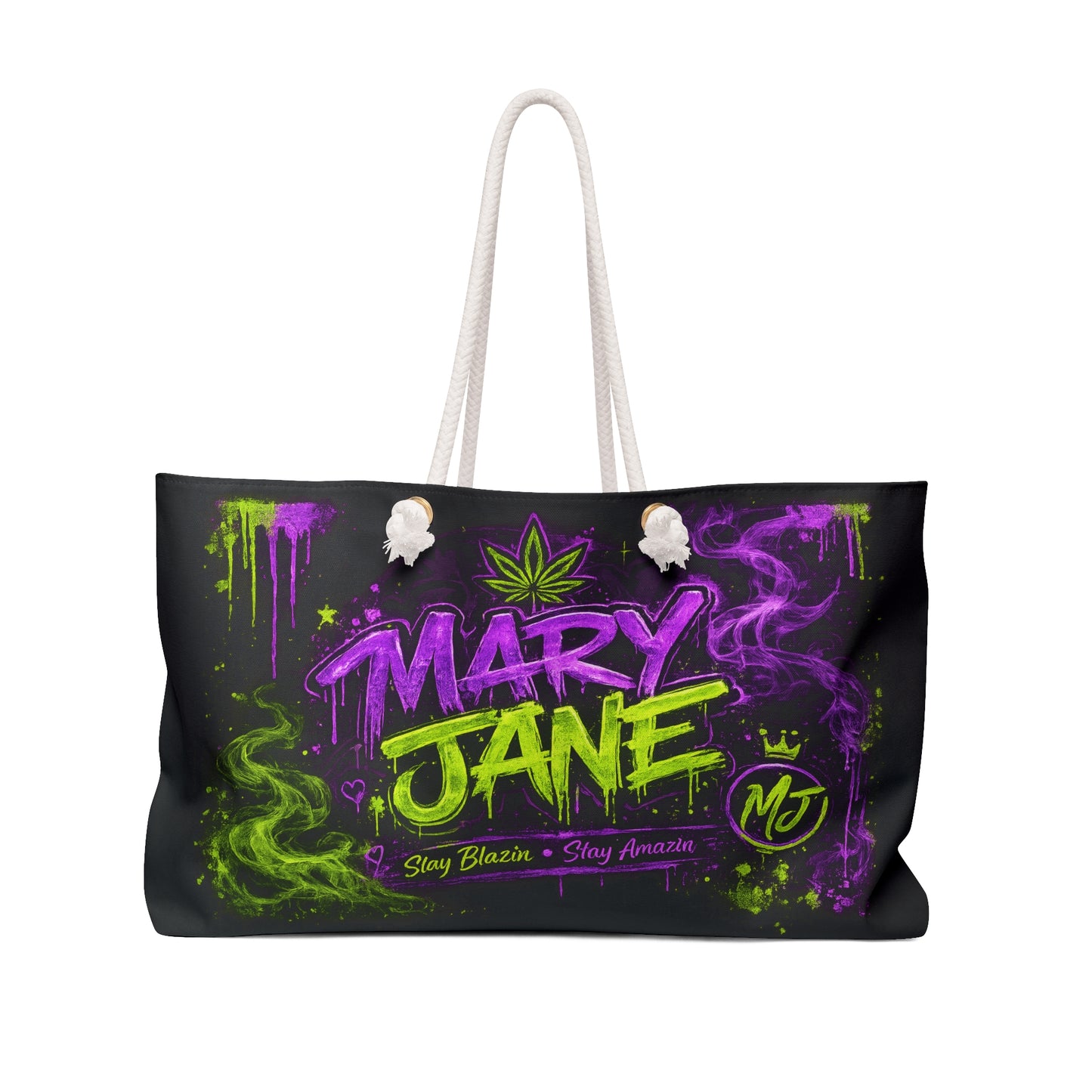 Mary Jane Neon Graffiti Weekender Bag | Purple & Green Cannabis Travel Tote | Stay Blazin Stay Amazin Overnight Bag