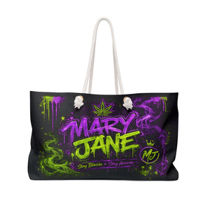 Mary Jane Neon Graffiti Weekender Bag | Purple & Green Cannabis Travel Tote | Stay Blazin Stay Amazin Overnight Bag