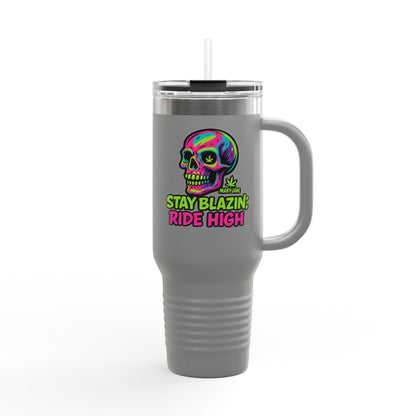 Insulated Travel Mug, Stay Blazin' Ride High Skull Design, 40oz Coffee Cup, Perfect for Cannabis Lovers, Fun Gift for Birthdays, Road Trips