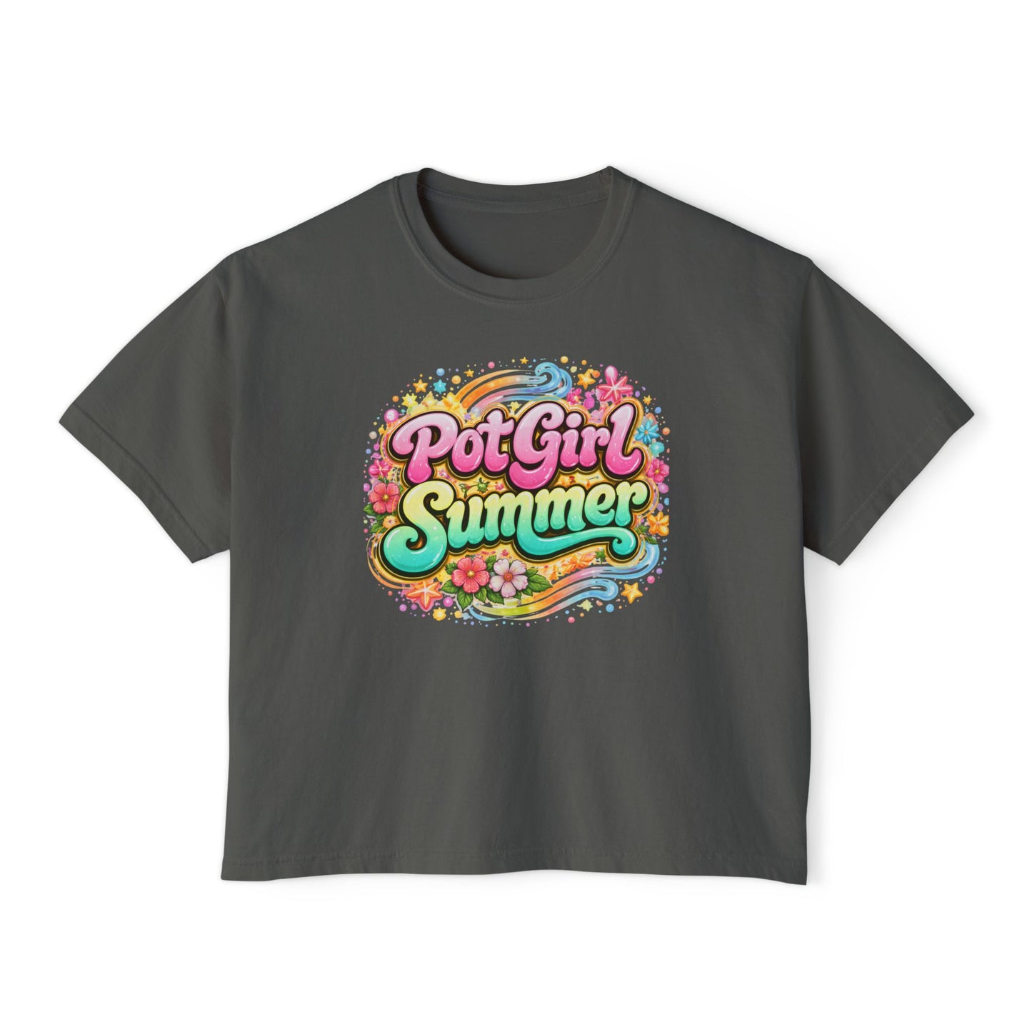 Pot Girl Summer Boxy Tee – Trendy Cannabis Summer Graphic Shirt, Festival Weed Apparel, Stoner Girl Streetwear Crop Tee