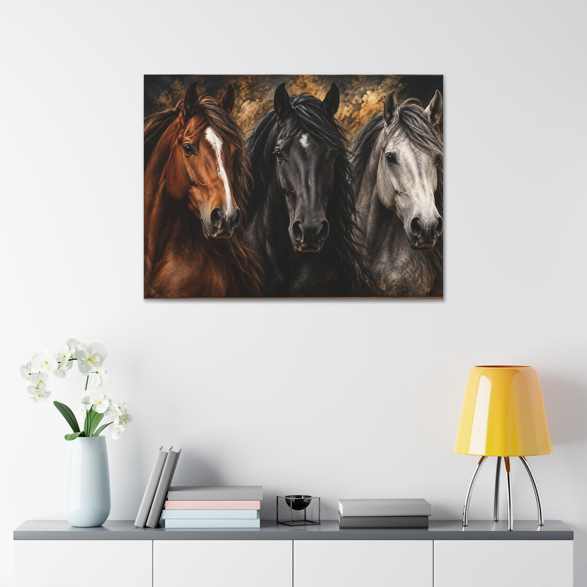 Kentucky Horse Canvas Wall Art – Three Horses, Blue Sky & Red Roses Equestrian Decor Printify