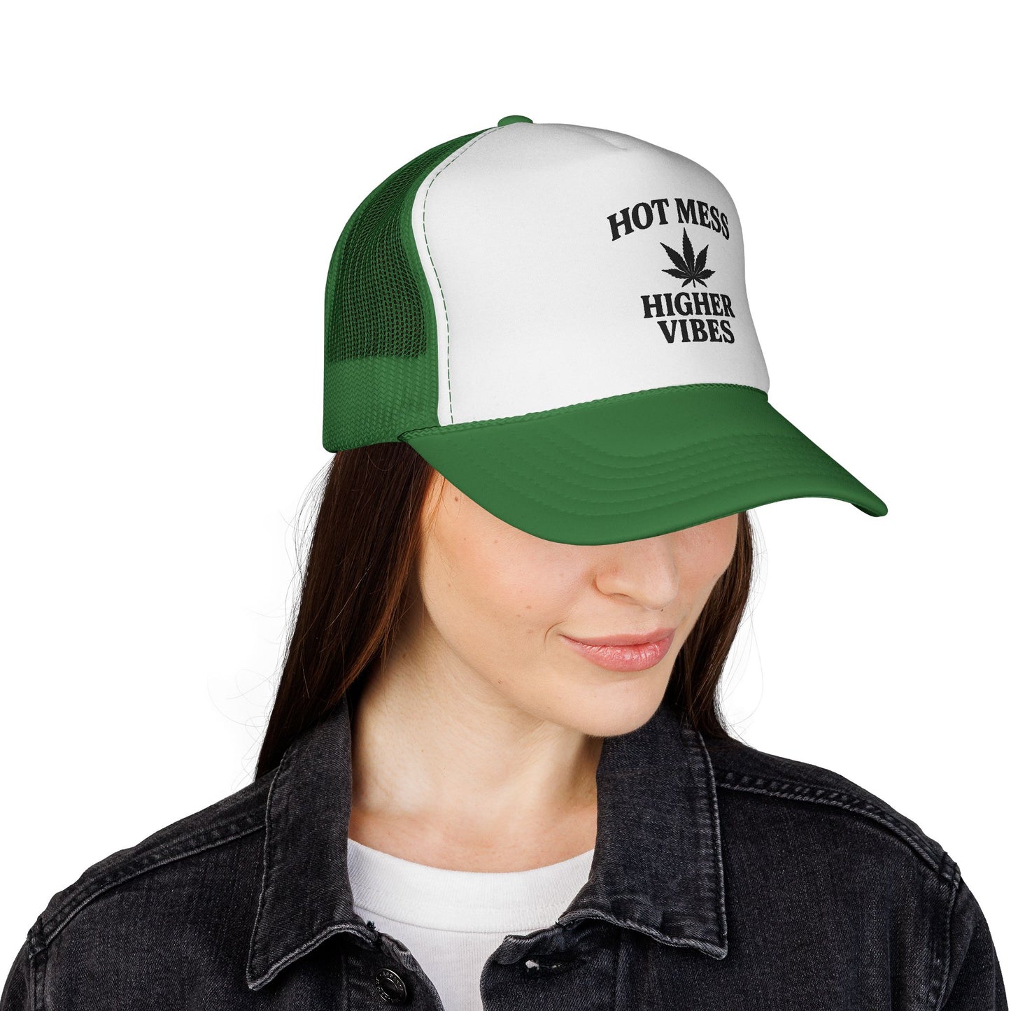 Hot Mess Higher Vibes Trucker Hat | Funny Stoner Mesh Cap | Cannabis Leaf Snapback | 420 Gift for Her & Him