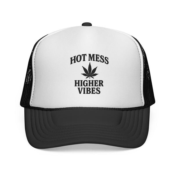 Hot Mess Higher Vibes Trucker Hat | Funny Stoner Mesh Cap | Cannabis Leaf Snapback | 420 Gift for Her & Him