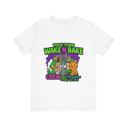 Toon Town Wake ’N Bake Crew T-Shirt | Funny Cartoon Stoner Tee by Mary-Jane EST. 2025