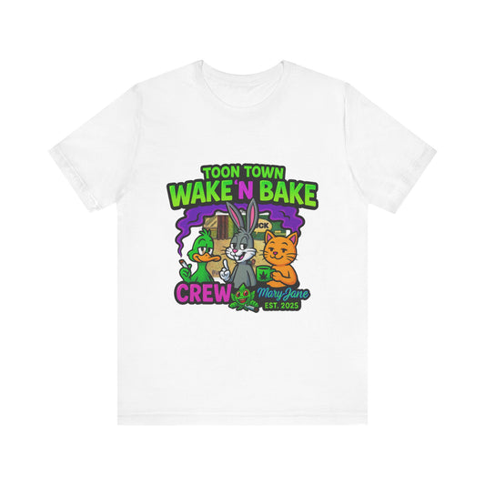 Toon Town Wake ’N Bake Crew T-Shirt | Funny Cartoon Stoner Tee by Mary-Jane EST. 2025