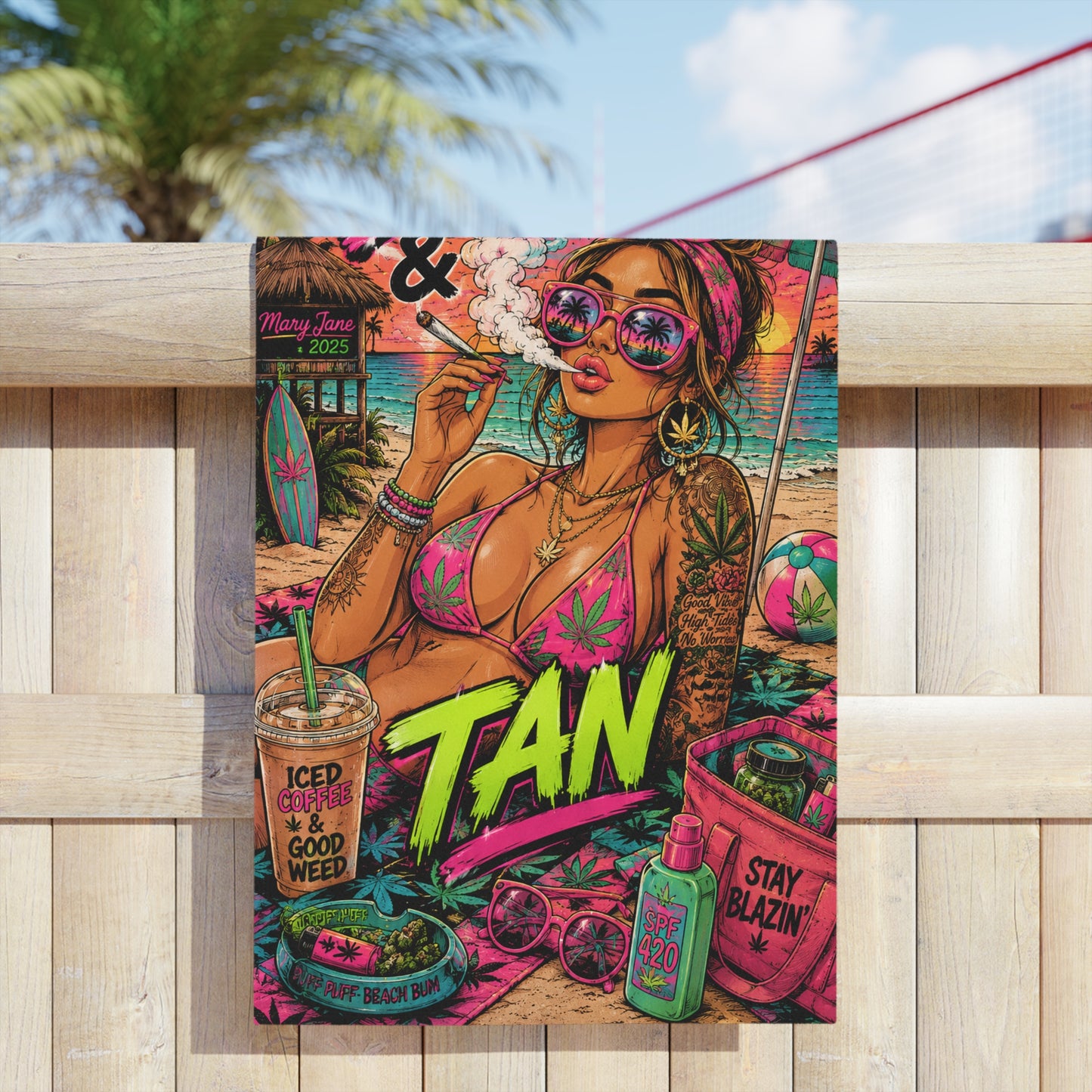 Wake Bake & Tan Beach Towel | Pot Girl Summer Towel | Neon Stoner Beach Towel | Mary Jane 2025
