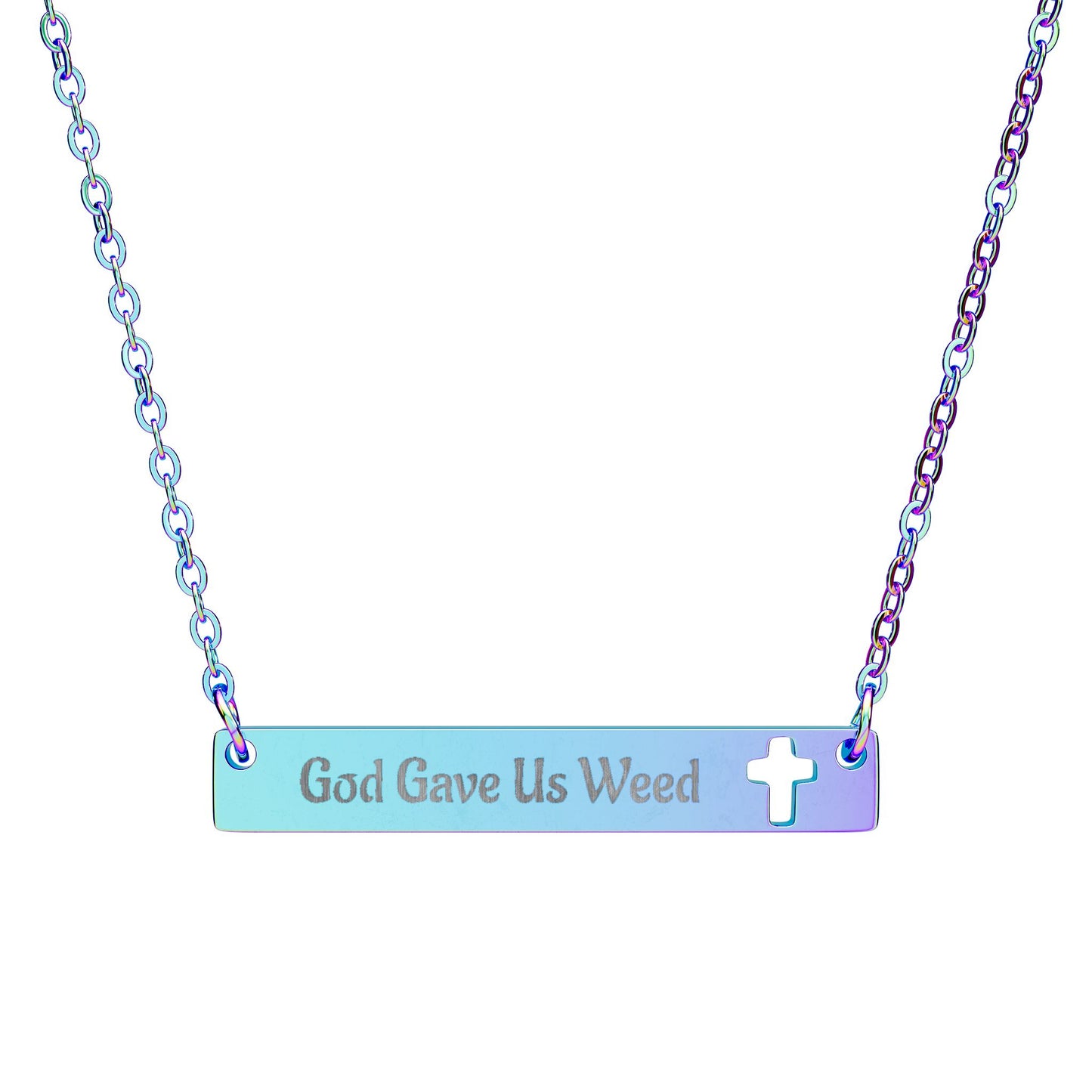 God Gave Us Weed Bar Necklace – Gold Stainless Steel Cannabis Faith Jewelry - Engraved Cutout Cross Bar Necklace - God Gave Us Weed Jewelry