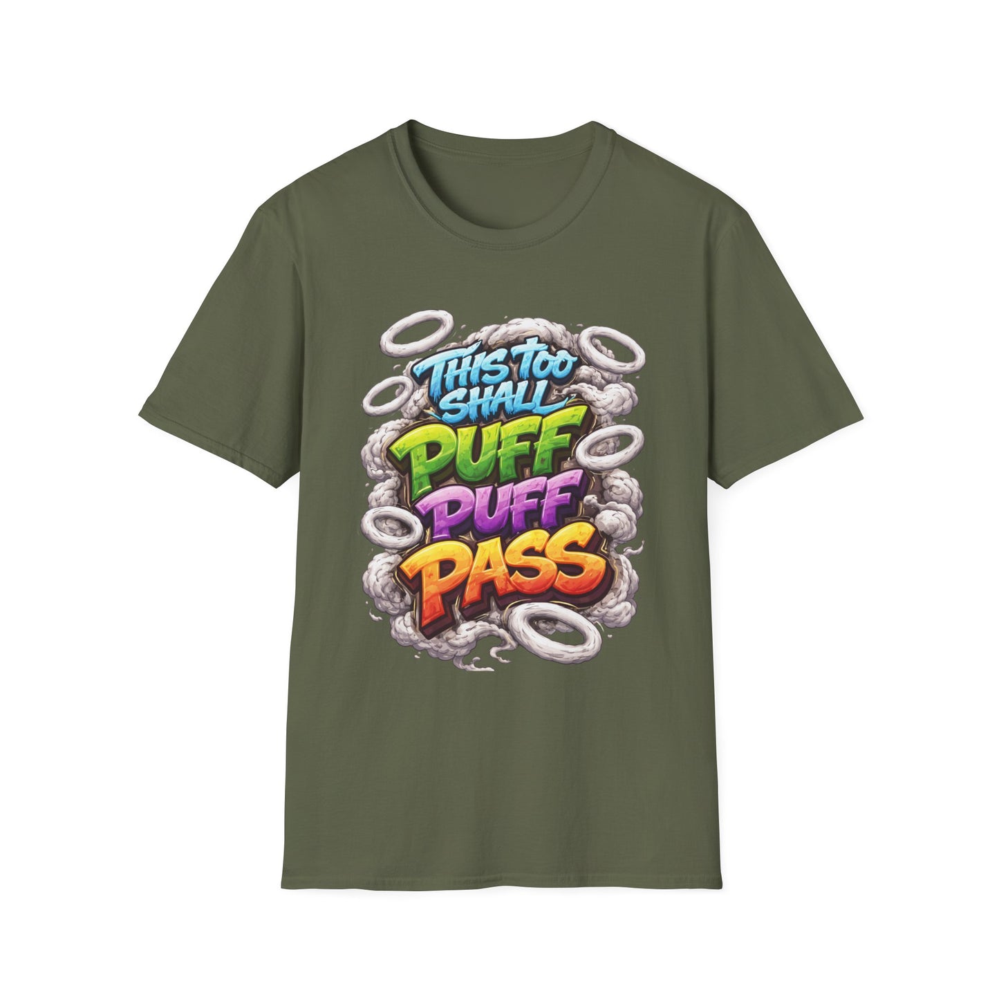 This Too Shall Puff Puff Pass Graffiti Smoke Rings Stoner Graphic | Colorful Street Art Cannabis Humor Design