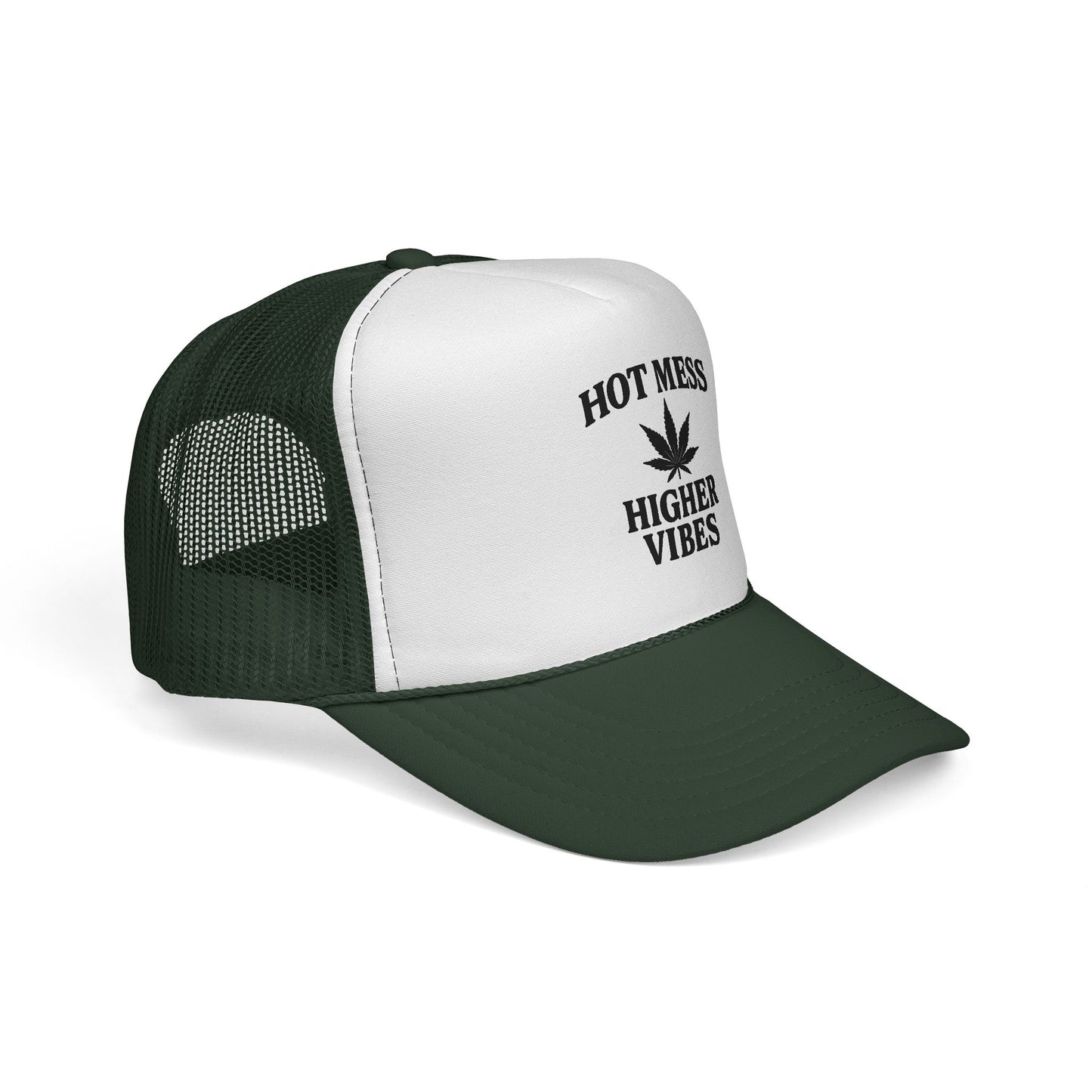 Hot Mess Higher Vibes Trucker Hat | Funny Stoner Mesh Cap | Cannabis Leaf Snapback | 420 Gift for Her & Him