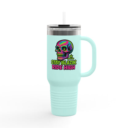 Insulated Travel Mug, Stay Blazin' Ride High Skull Design, 40oz Coffee Cup, Perfect for Cannabis Lovers, Fun Gift for Birthdays, Road Trips