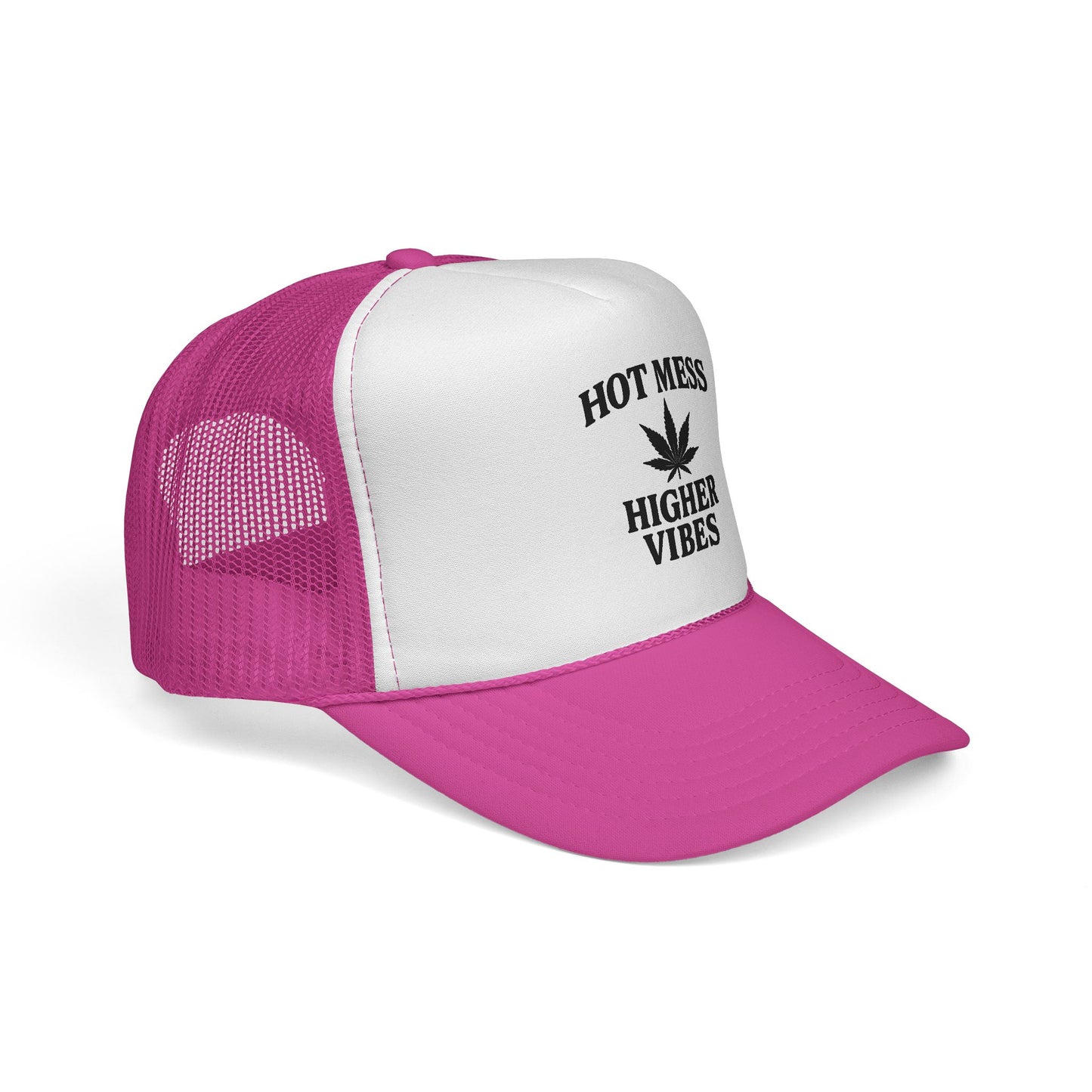 Hot Mess Higher Vibes Trucker Hat | Funny Stoner Mesh Cap | Cannabis Leaf Snapback | 420 Gift for Her & Him