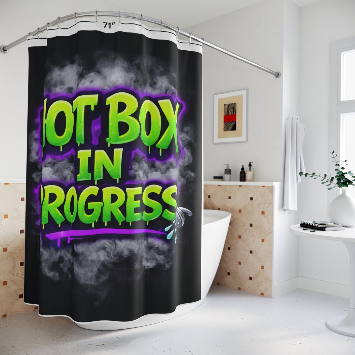 Hot Box In Progress Shower Curtain – Funny Bathroom Decor, Stoner Home Vibes, Bold Graffiti Bath Curtain, Unique Gift Idea