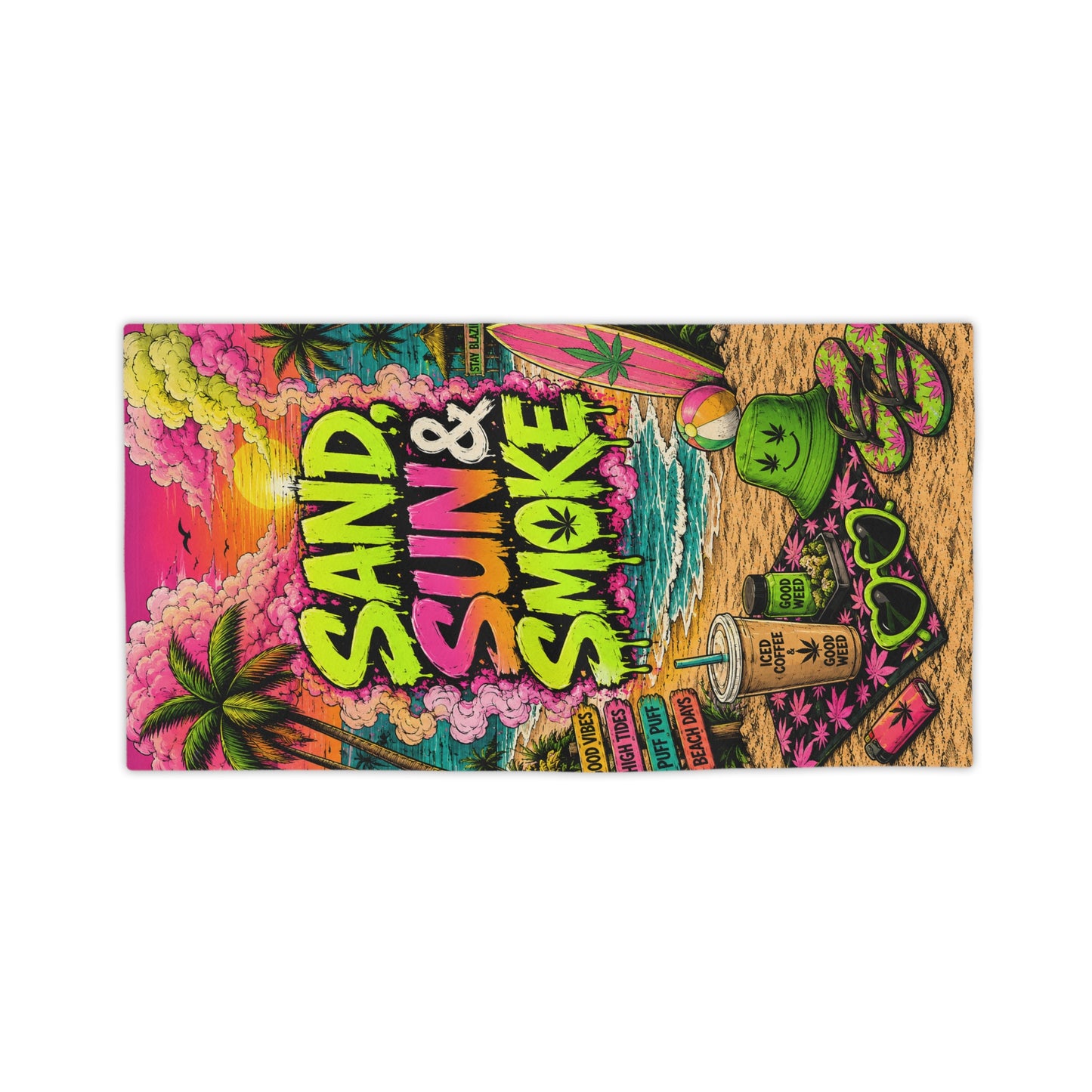 Sand Sun & Smoke Beach Towel | Neon Stoner Beach Towel | Wake N Bake Summer Towel | Mary Jane 2025