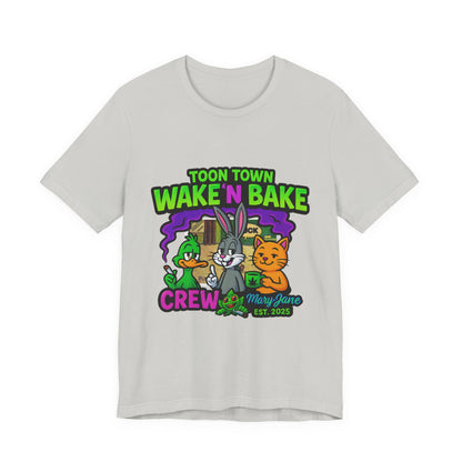 Toon Town Wake ’N Bake Crew T-Shirt | Funny Cartoon Stoner Tee by Mary-Jane EST. 2025