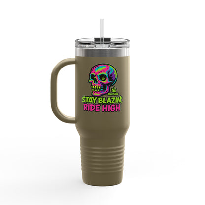 Insulated Travel Mug, Stay Blazin' Ride High Skull Design, 40oz Coffee Cup, Perfect for Cannabis Lovers, Fun Gift for Birthdays, Road Trips