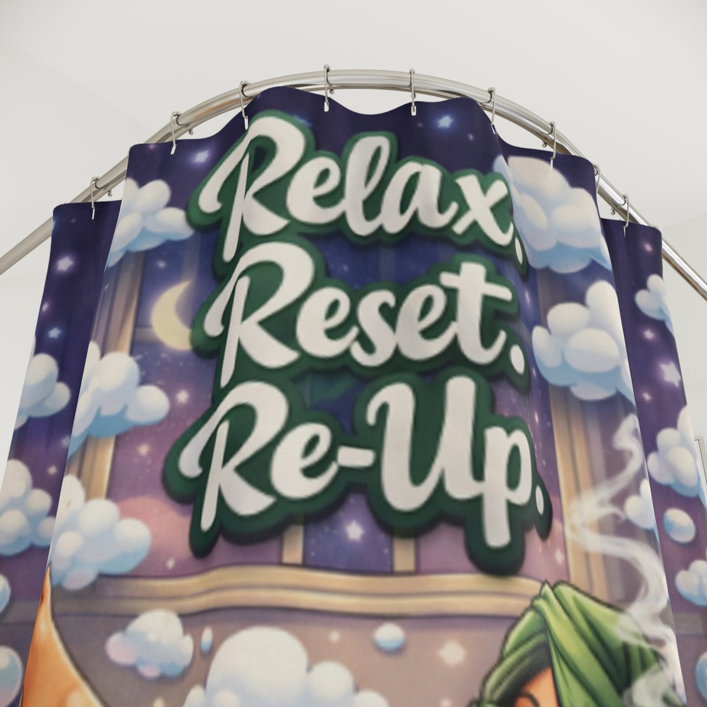Relax Reset Re-Up Shower Curtain | Cannabis Bathroom Decor | Funny Stoner Bath Art | Mary Jane Weed Spa Curtain
