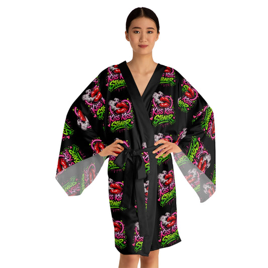 Kiss Kiss Stoner Satin Robe – Cannabis Lounge Kimono, Cozy Street Art Sleepwear