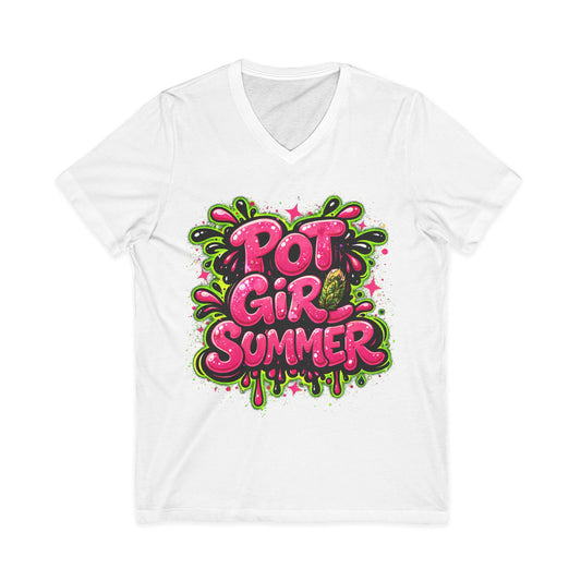 Pot Girl Summer Women's V-Neck T-Shirt | Neon Cannabis Graphic Tee | 420 Stoner Girl Summer Shirt | Festival Weed Apparel