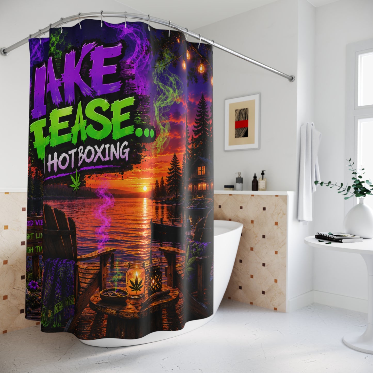 Lake Please Shower Curtain — 'Lake Please... I'm Hot Boxing' Sunset Cabin Cannabis Shower Curtain