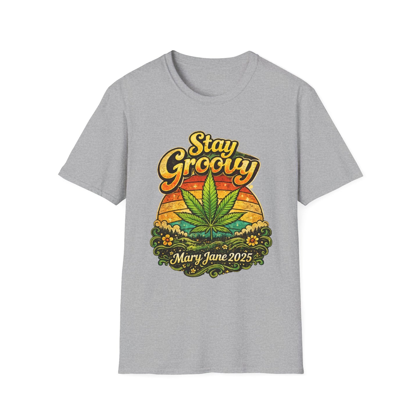 Stay Groovy Retro Cannabis T-Shirt – Vintage 70s Psychedelic Weed Sunset Graphic Tee – Mary Jane 2025 Unisex Shirt