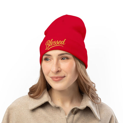 Blessed Gold Lettering Embroidered Beanie | Inspirational Winter Hat