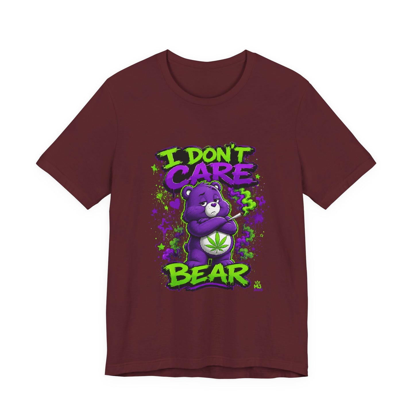 I Don't Care Bear Cannabis Graphic T-Shirt | Funny 420 Streetwear Tee | Purple Neon Stoner Shirt