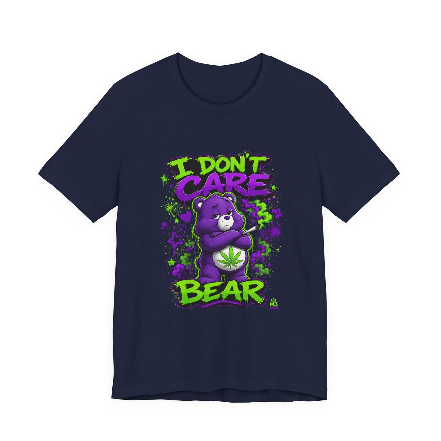 I Don't Care Bear Cannabis Graphic T-Shirt | Funny 420 Streetwear Tee | Purple Neon Stoner Shirt