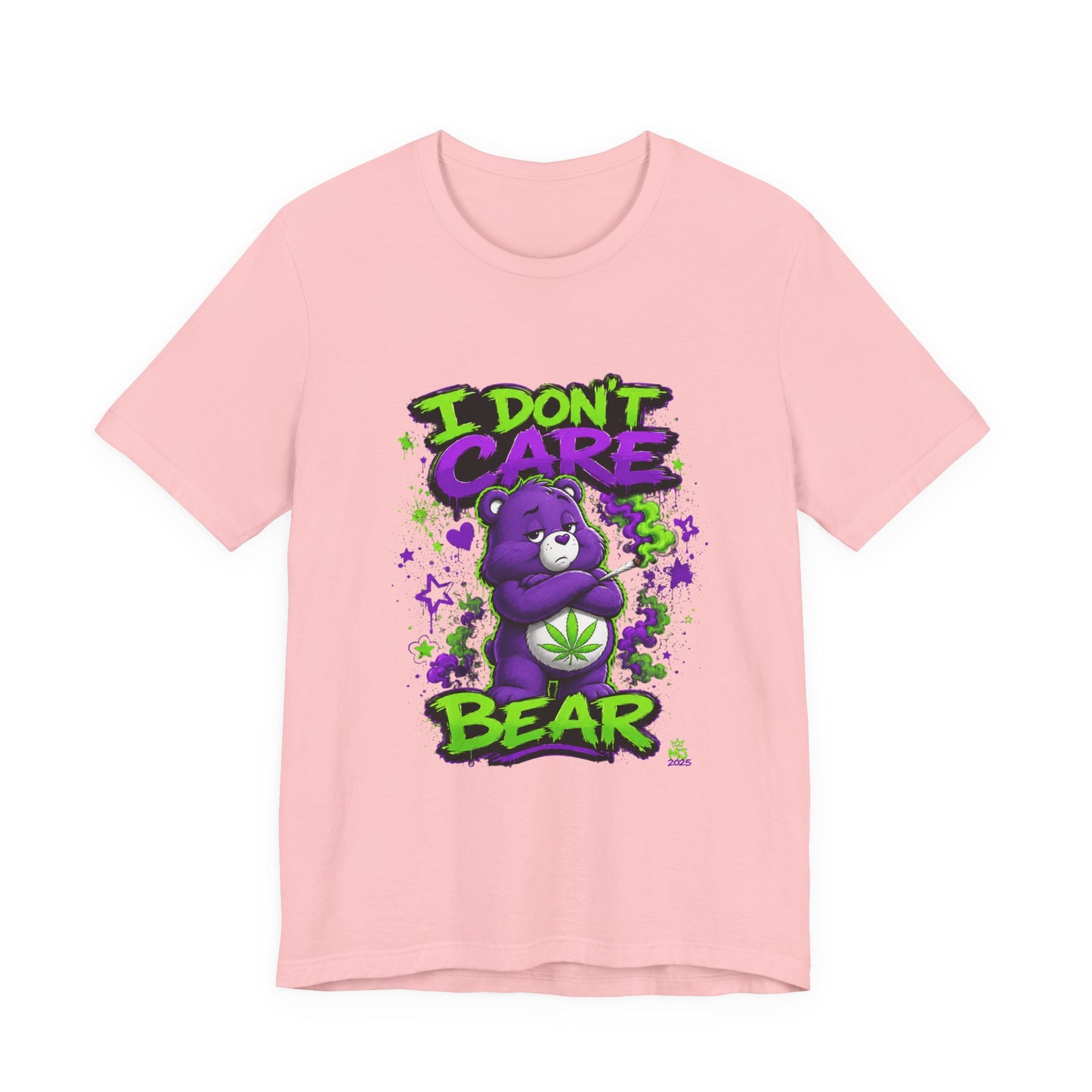 I Don't Care Bear Cannabis Graphic T-Shirt | Funny 420 Streetwear Tee | Purple Neon Stoner Shirt