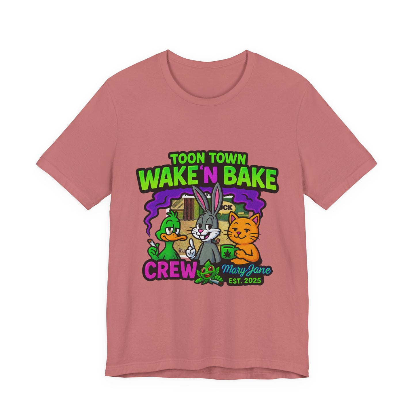 Toon Town Wake ’N Bake Crew T-Shirt | Funny Cartoon Stoner Tee by Mary-Jane EST. 2025
