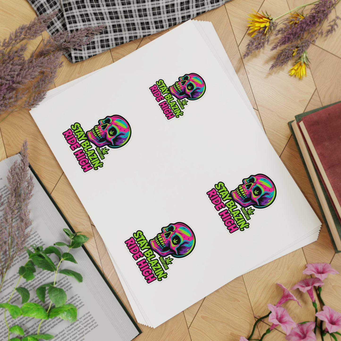 Mary-Jane “Stay Blazin’, Ride High” Neon Skull Bumper Sticker – Graffiti Vibes for Bold Cannabis Lovers, Vibrant Sticker Sheet Bundle | Stay Blazin Ride High, Vinyl Decals for Decor, Journals, Laptops, Festival Gear, Gifts