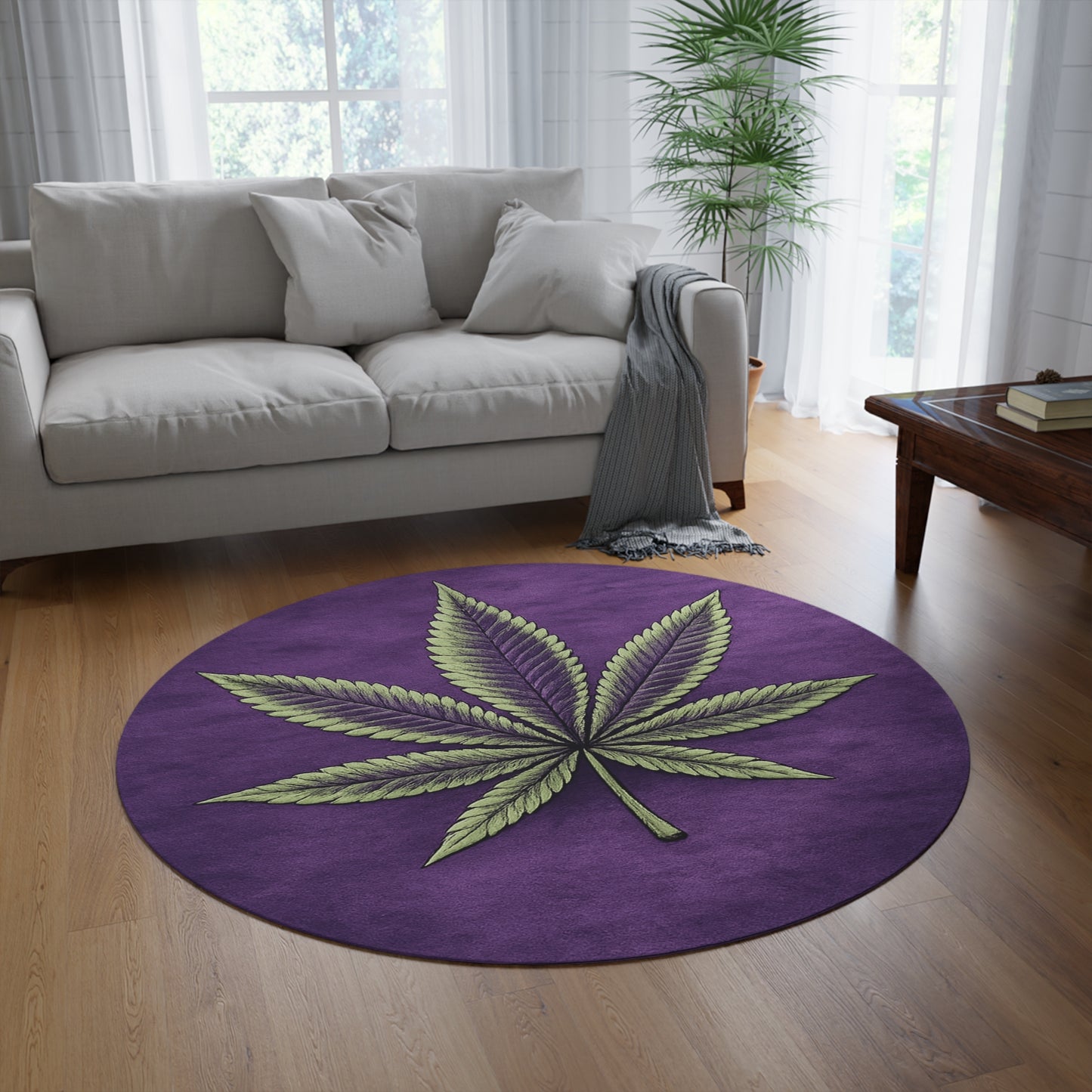 Round Rug - Green Cannabis Leaf on Purple Background