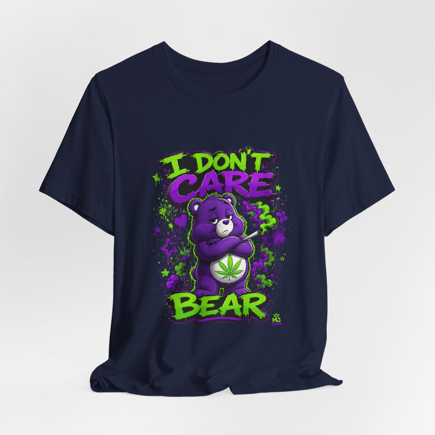I Don't Care Bear Cannabis Graphic T-Shirt | Funny 420 Streetwear Tee | Purple Neon Stoner Shirt