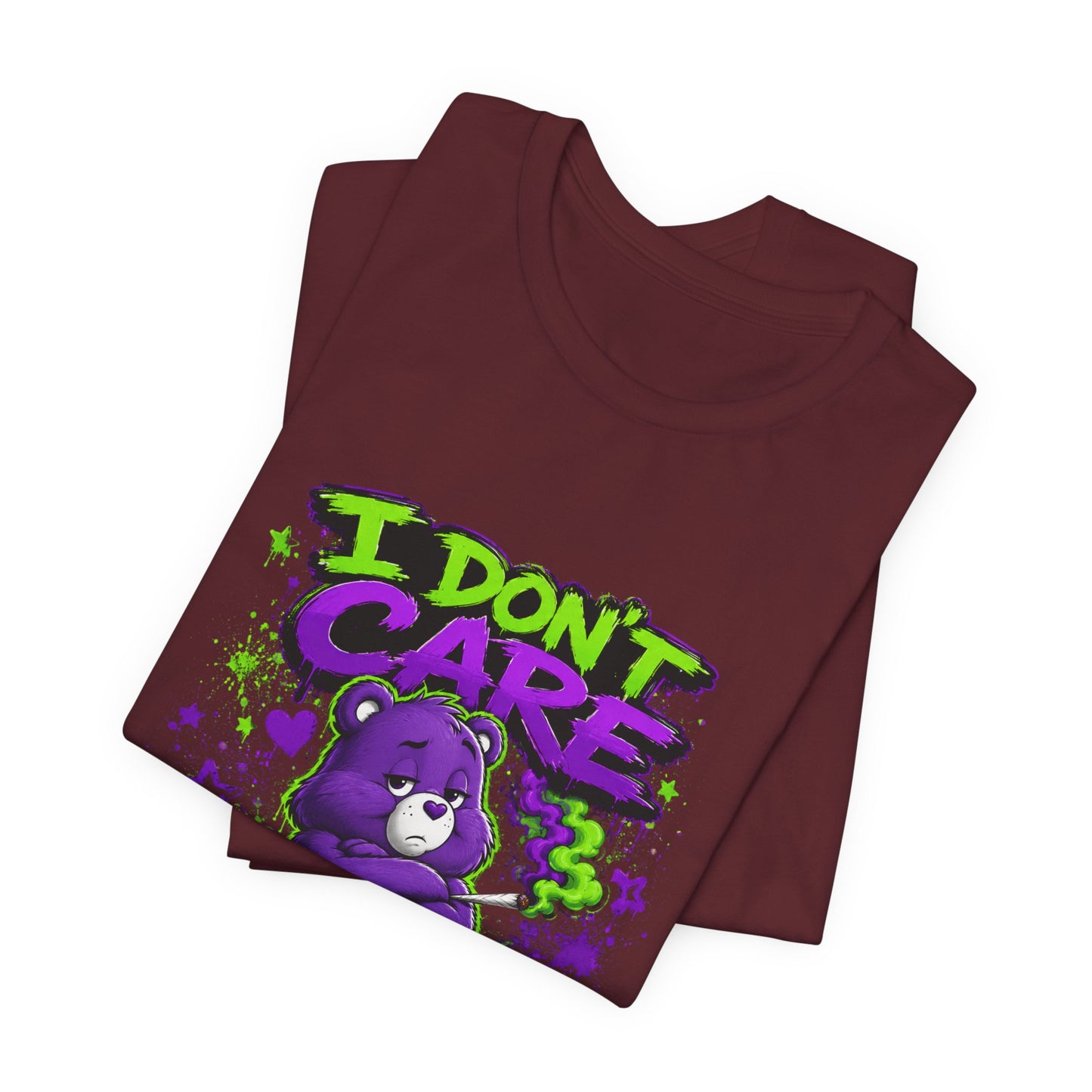 I Don't Care Bear Cannabis Graphic T-Shirt | Funny 420 Streetwear Tee | Purple Neon Stoner Shirt