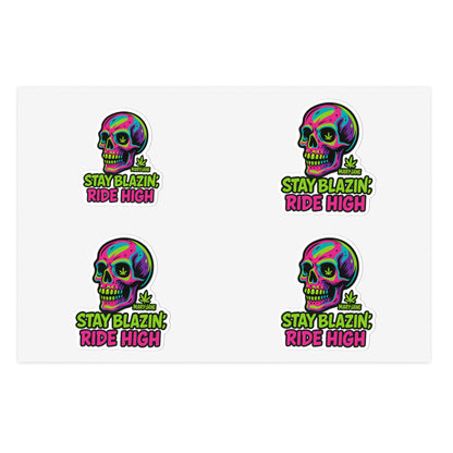 Mary-Jane “Stay Blazin’, Ride High” Neon Skull Bumper Sticker – Graffiti Vibes for Bold Cannabis Lovers, Vibrant Sticker Sheet Bundle | Stay Blazin Ride High, Vinyl Decals for Decor, Journals, Laptops, Festival Gear, Gifts
