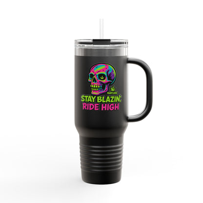 Insulated Travel Mug, Stay Blazin' Ride High Skull Design, 40oz Coffee Cup, Perfect for Cannabis Lovers, Fun Gift for Birthdays, Road Trips