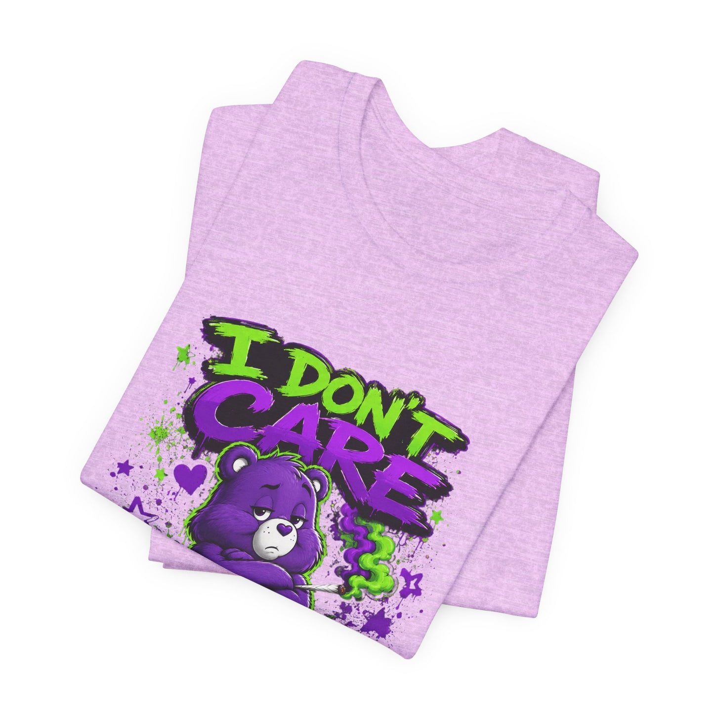 I Don't Care Bear Cannabis Graphic T-Shirt | Funny 420 Streetwear Tee | Purple Neon Stoner Shirt