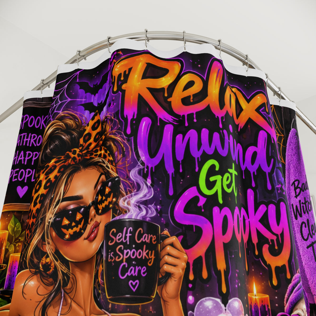Spooky Self Care Halloween Shower Curtain – Purple & Orange Bathroom Decor Printify